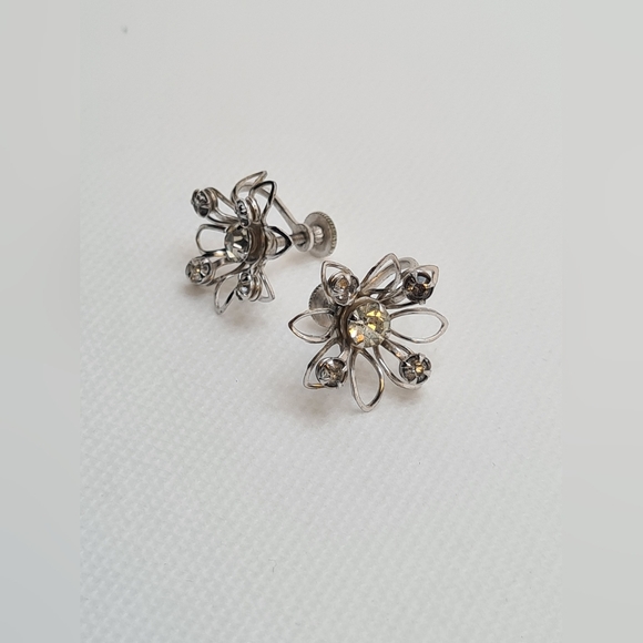 Vintage Silver And Crystal Floral Earrings - Picture 1 of 7